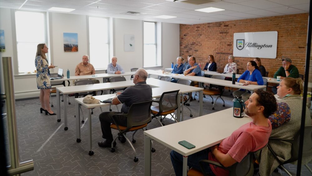 Marketing expert Mimi Damm shares marketing strategies in the Killington room at The Hub CoWorks in downtown Rutland, Vermont.