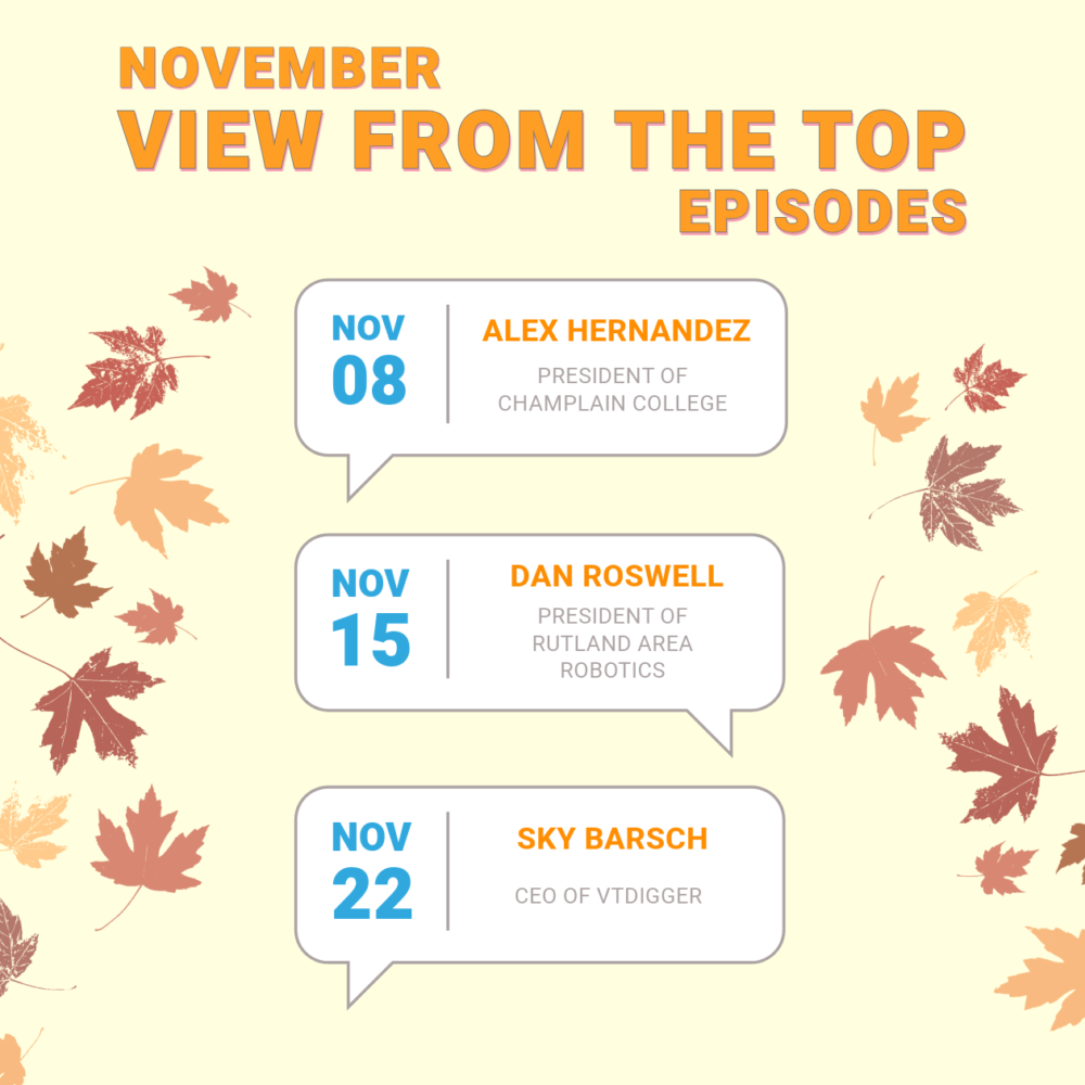 November lineup for The Hub CoWorks ‘View from the Top’ podcast series featuring Vermont leaders: Alex Hernandez, President of Champlain College, discussing education innovation on November 8; Dan Roswell, President of Rutland-Area Robotics, talking STEM and robotics on November 15; and Sky Barsch, CEO of VTDigger, covering independent journalism in Vermont on November 22. Hosted by Bill Lucci, these episodes explore impactful community stories in Vermont.