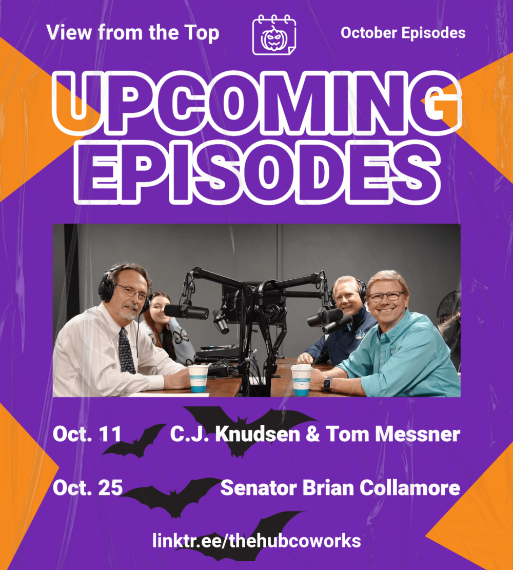 View from the Top podcast announcement featuring C.J. Knudsen, Senior VP of Vermont Lake Monsters, and Tom Messner, retired meteorologist and Vermont Startup News host, releasing October 11. Senator Brian Collamore’s interview drops October 25. Listen for insights on Vermont sports, weather, startups, and politics. Hosted at The Hub CoWorks in Rutland, Vermont.