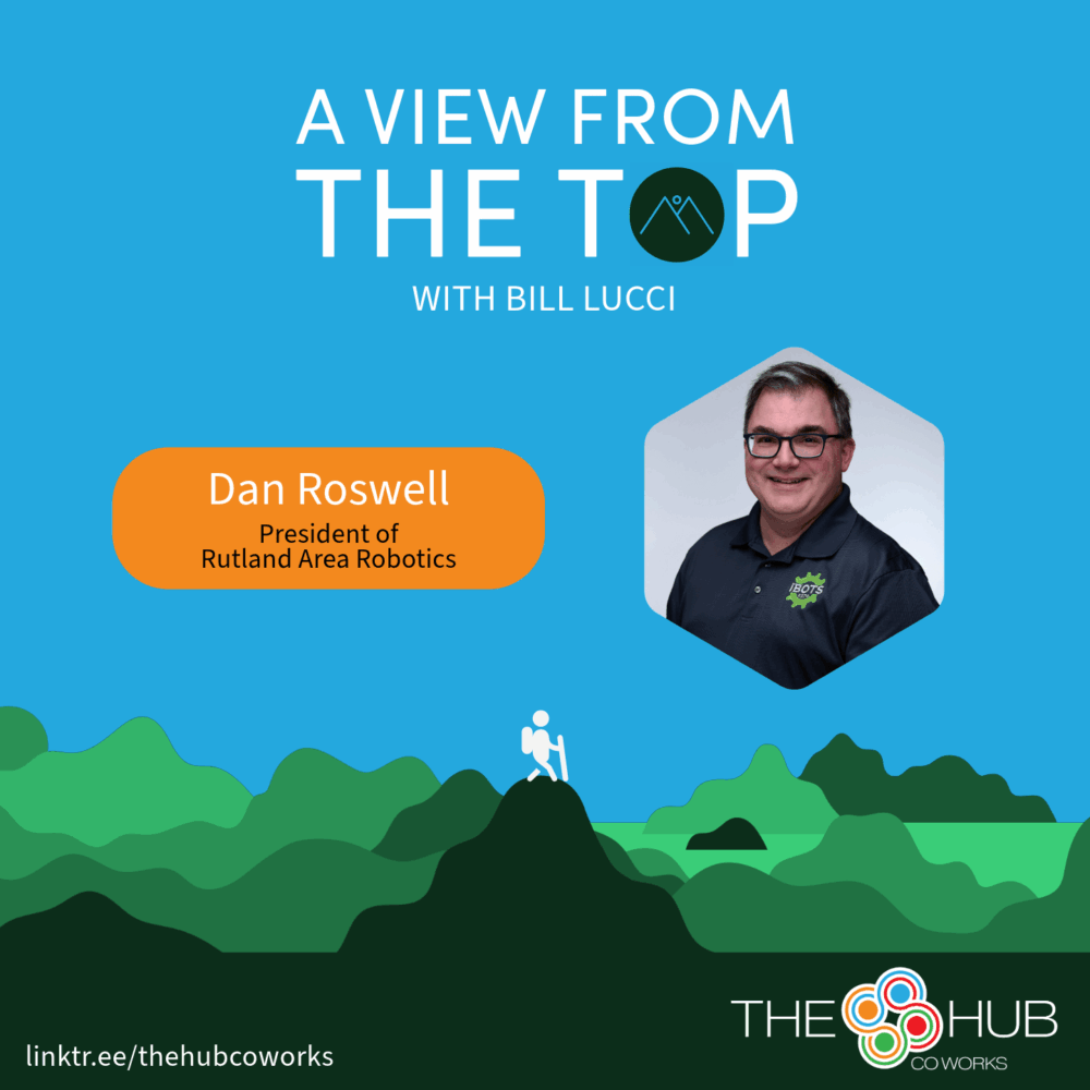 Graphic promoting the release of A View from the Top podcast episode featuring Dan Roswell, President of Rutland Area Robotics, and host Bill Lucci. The podcast highlights Dan’s leadership of the IBOTS 2370 team, his career in STEM education, and how robotics inspires innovation, teamwork, and workforce development in Rutland, Vermont. Released by The Hub CoWorks, the graphic encourages listeners to explore the impact of robotics on youth and the community.