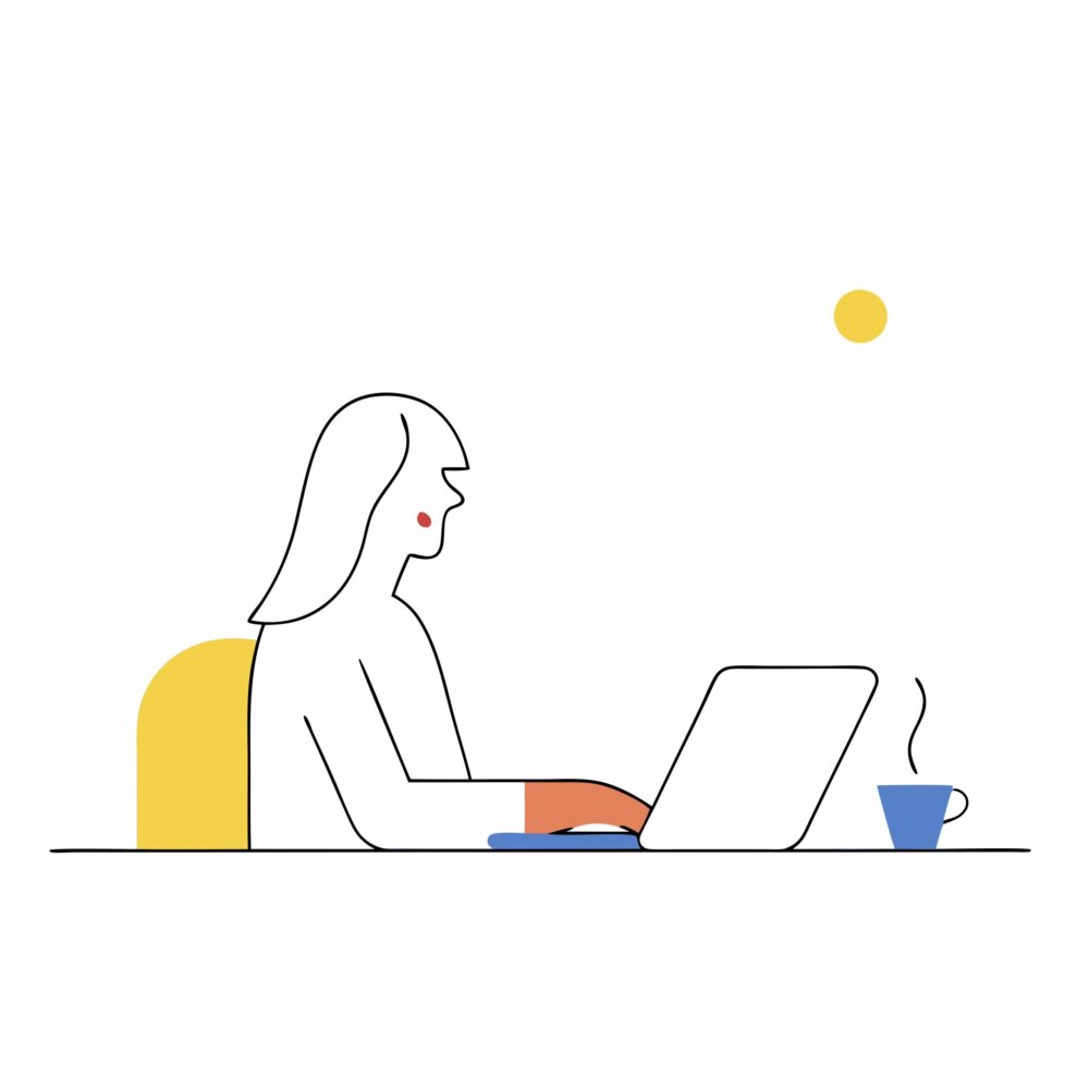 A digital illustration of a person with long hair working at a desk with a cup of coffee.