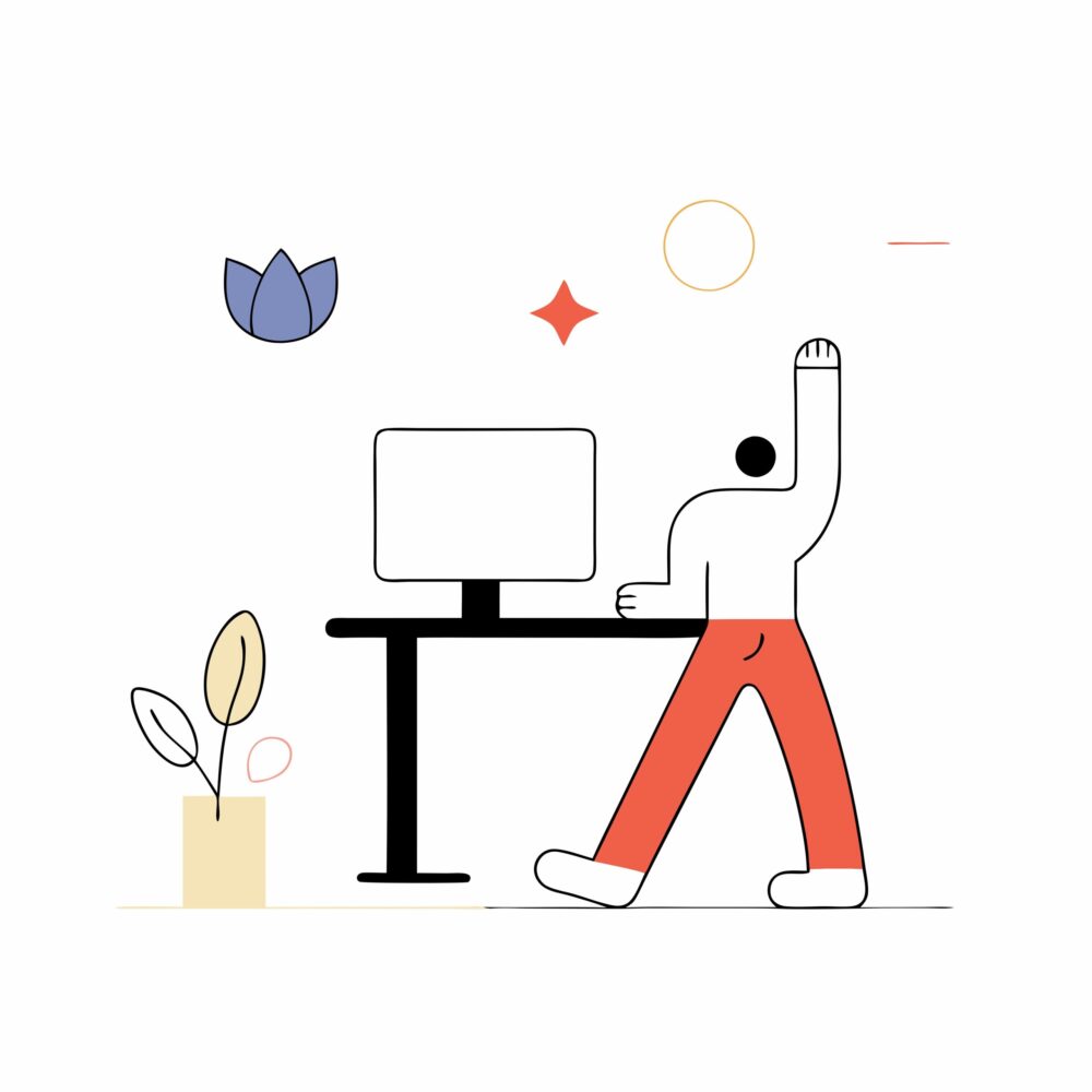 A digitlal illustration of a person working at a desk with one arm raised.