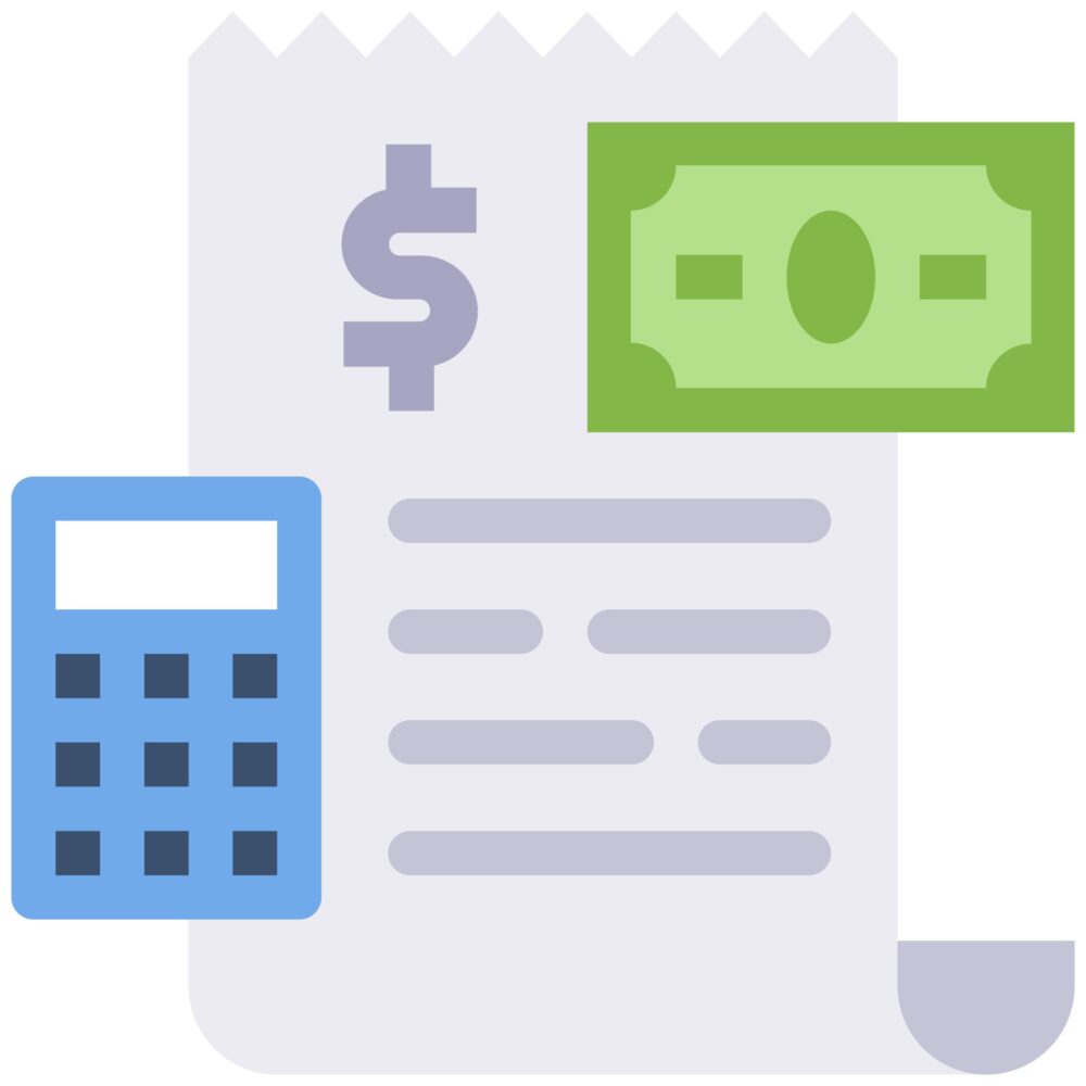 A digital illustration of an invoice, dollar bill, and a calculator.