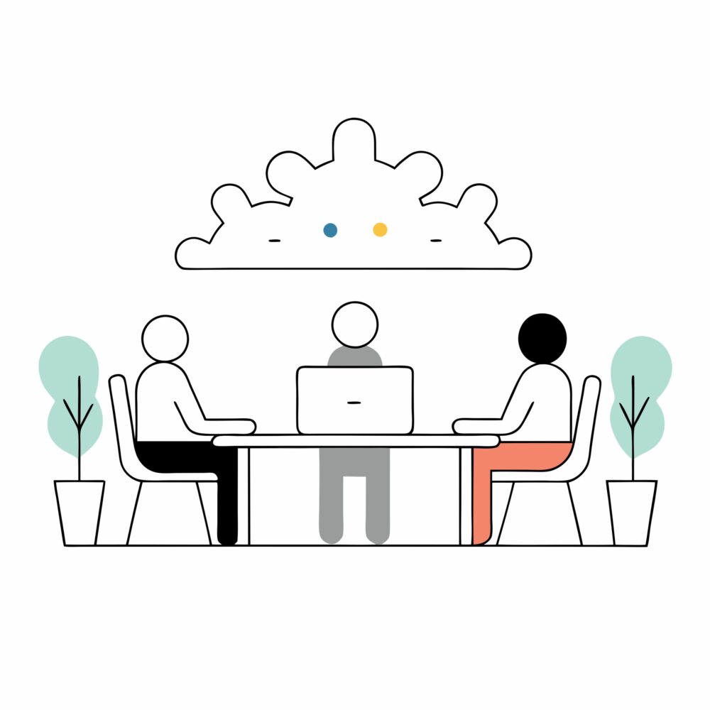 A digital illustration of 3 people working together at a coworking space.