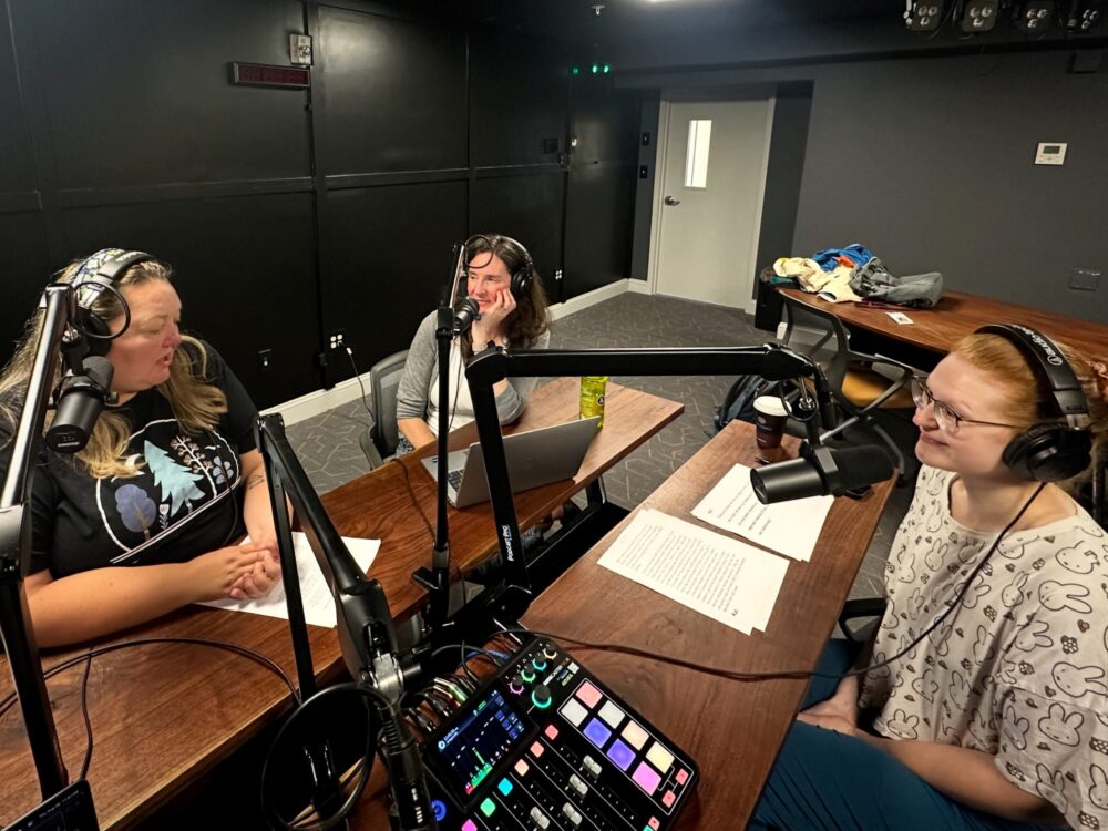Arwen Turner, Jamie Bentley and Kathryn Carter recording Vision in Action at The Hub CoWorks