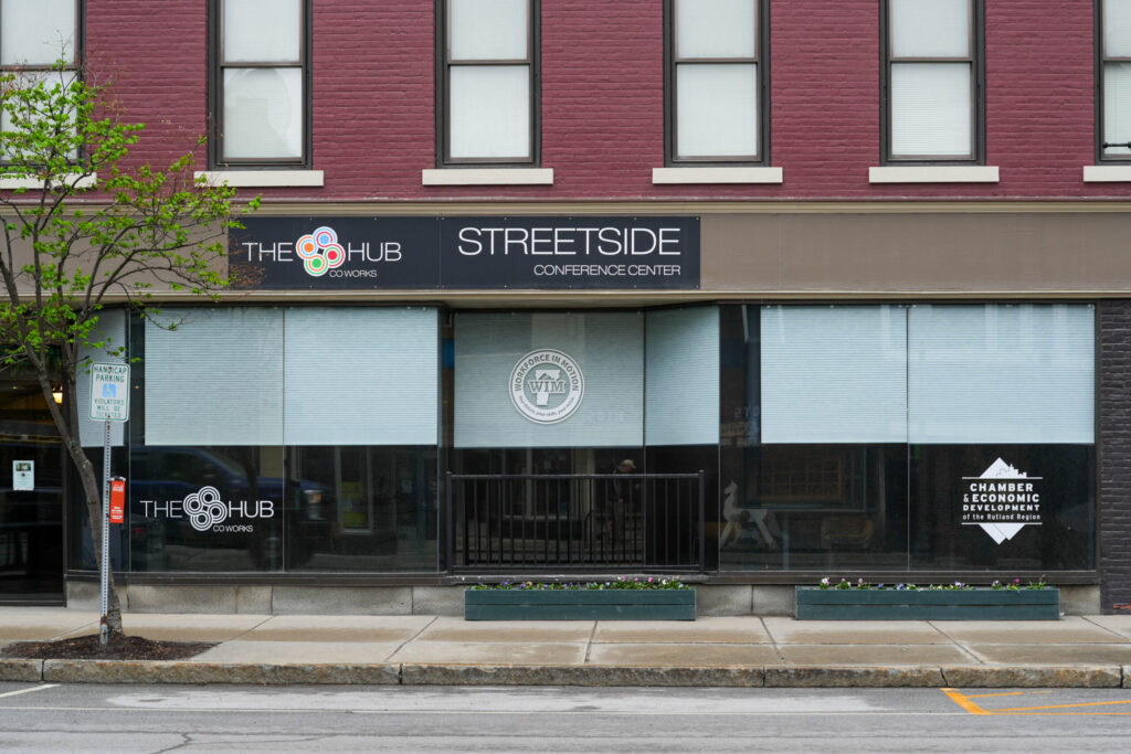 The outside of Workforce in Motion Streetside Conference Center at The Hub CoWorks as seen from Merchants Row.